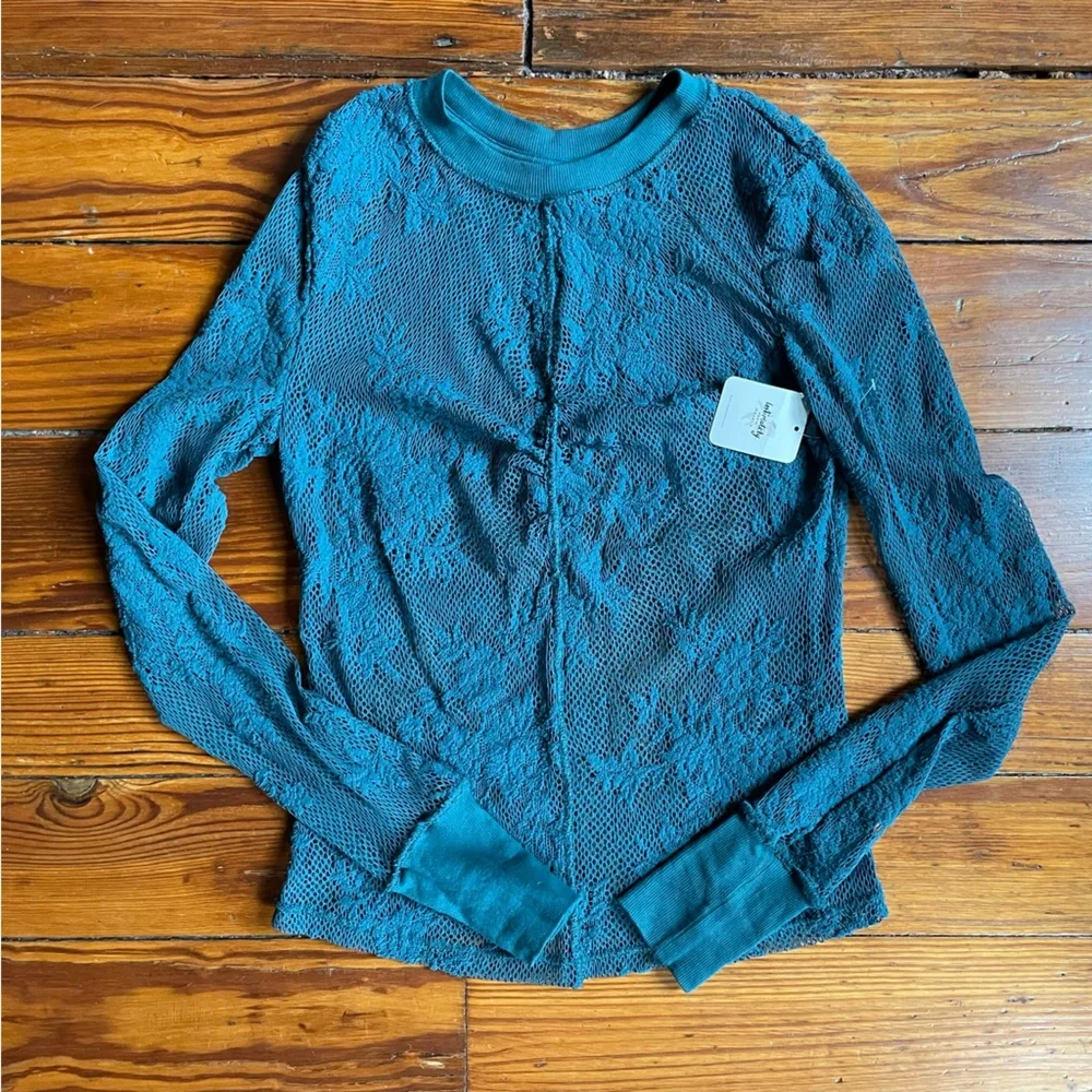 Intimately Free People Floral Mesh Layering Top Teal Sz Small